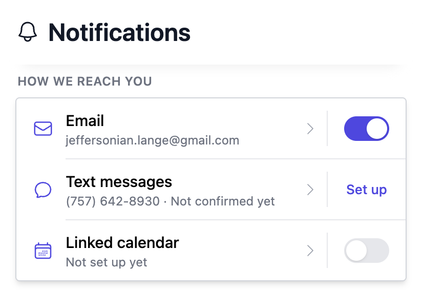 The Notifications settings screen. A Text messages row shows the member's number, the words Not confirmed yet, and a Set up link.